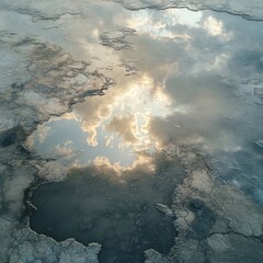 Fototapeta premium Aerial View of Reflective Water Surface with Cloudy Sky Above
