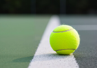 Tennis ball resting on the white line of a vibrant green tennis court, poised and ready for an exciting match to begin