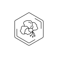 Minimalist hibiscus flower icon in hexagonal frame. Vector black line pictogram. Tropical themes, pollen, field honey in a minimalistic style