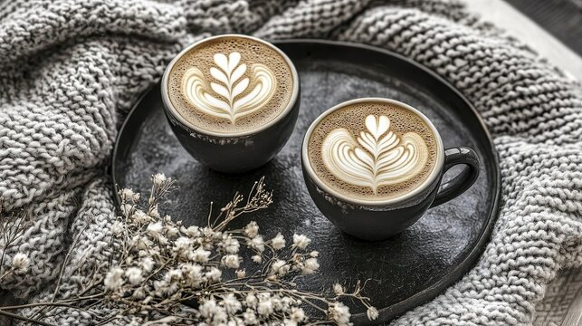 abstract-art-style,  Ceramic tray with cappuccino and flowers  ,space for text,
