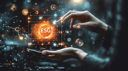Woman interacts with ESG data on phone, futuristic background, investment concept