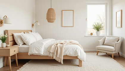 Minimalist bedroom with wooden furniture and neutral decor.