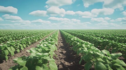 Fototapeta premium A field of bright green soybeans growing in neat rows under a blue sky 