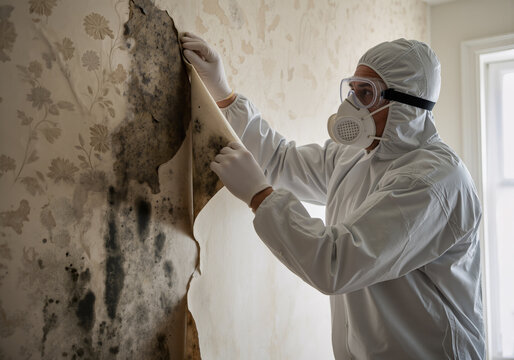 Mold remediation expert carefully peeling off wallpaper revealing toxic black mold infestation requiring professional cleaning and restoration