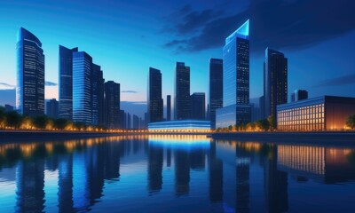 Fototapeta premium Modern urban skyline reflected in tranquil waterfront at dusk