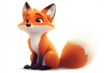 Obraz premium Adorable Cartoon Fox Illustration Sitting Fluffy Tail Orange Fur Cute Animal