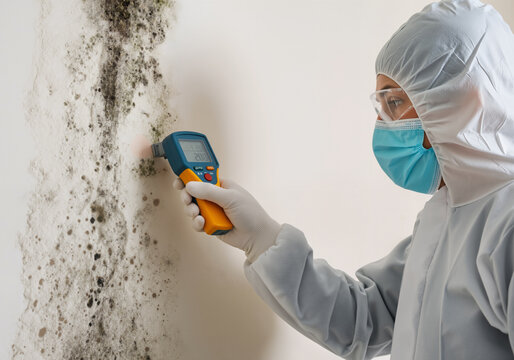 Mold inspector wearing protective gear uses a moisture meter to assess the extent of mold growth on a wall