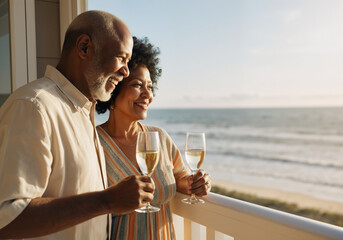 Happy retired couple smiling and drinking wine on a balcony overlooking the ocean, enjoying a relaxing vacation