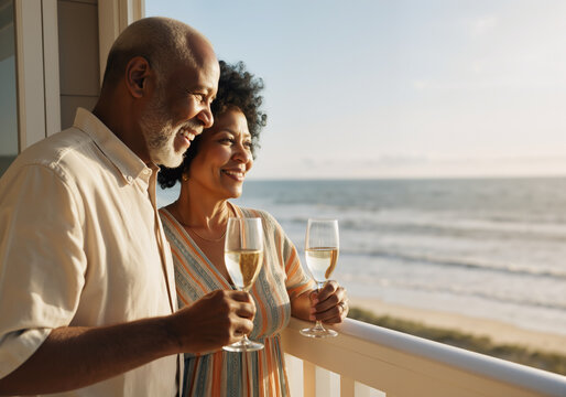 Happy retired couple smiling and drinking wine on a balcony overlooking the ocean, enjoying a relaxing vacation - Powered by Adobe