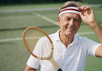 Happy senior man holding a wooden tennis racket on a court, enjoying retirement and staying active