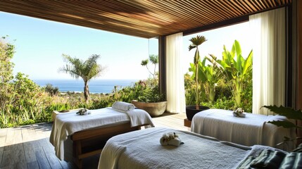 Obraz premium Oceanfront Spa Relaxation with Luxurious Wooden Design