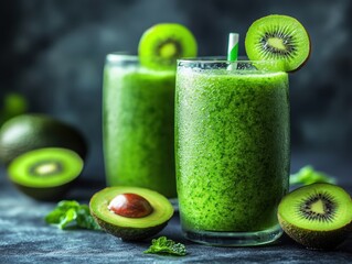 A collection of vibrant fitness smoothies and protein shakes in transparent glasses with fresh fruits