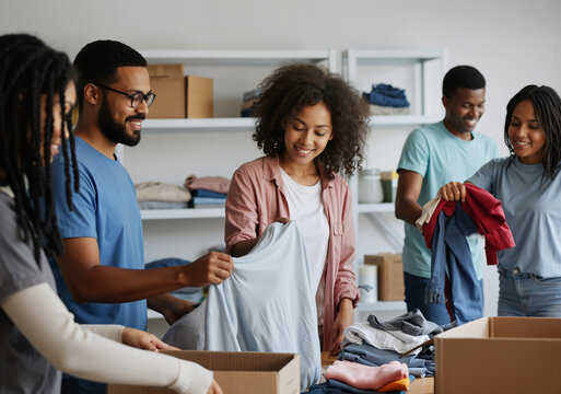 Happy volunteers sorting and packing clothing donations at a community center, fostering teamwork and support within the diverse group