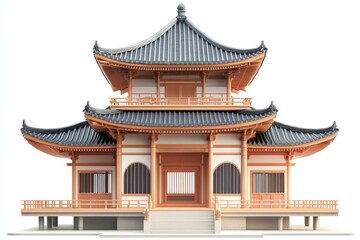 Fototapeta premium Traditional Asian Temple Architecture Two Story Wooden Structure with Gray Roof Isolated on White