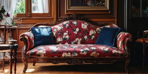 Red Blue Floral Couch Living Room