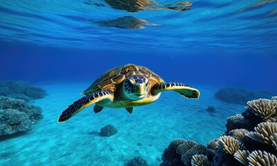 Obraz premium Tranquil sea turtle swimming gracefully in vibrant coral reef ocean landscape