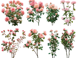 Collection of Ten Delicate Pink Rose Bushes Isolated on Transparent Background, PNG