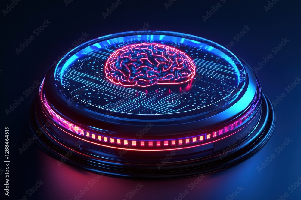 Poster glowing brain representing artificial intelligence on circuit board