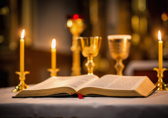 Obraz premium Open bible lies on a white altar cloth, flanked by lit candles and golden chalices, creating a serene atmosphere of faith and reverence