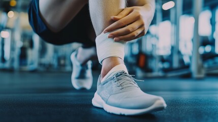 Fototapeta premium Man Wrapping Bandage on Ankle in Fitness Center 
