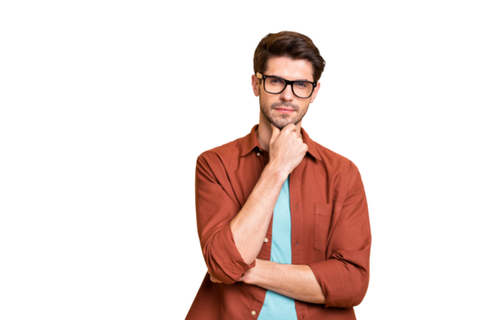 Close-up portrait of his he nice attractive content successful calm serious focused brown-haired guy professional expert thinking touching chin isolated over beige color pastel background