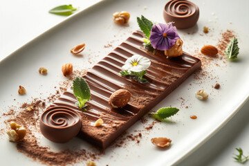 Chocolate bar with textured patterns, nuts, and edible flowers