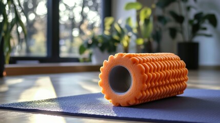 A close-up of a foam roller placed on a yoga mat ready for stretching exercises.