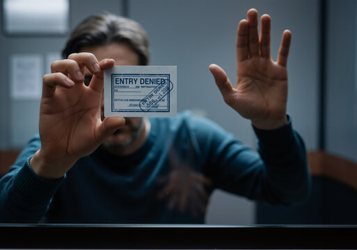 Suspect showing entry denied stamp on document and raising hand behind glass in interrogation room