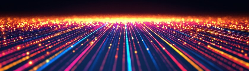 Fototapeta premium A vibrant landscape of glowing lines and dots, representing digital energy and movement, creates a mesmerizing visual experience.
