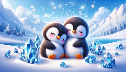 Cute penguins hugging each other on a snowy meadow surrounded by crystals among the mountains. Cartoon illustration of cute antarctic bird characters.
