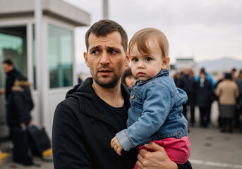 Worried father holding his baby daughter while seeking asylum and waiting at refugee camp