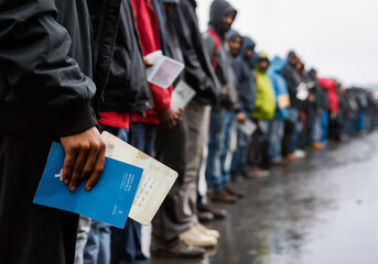 Refugees are patiently holding their documents while waiting in line under the rain, seeking asylum and a new beginning