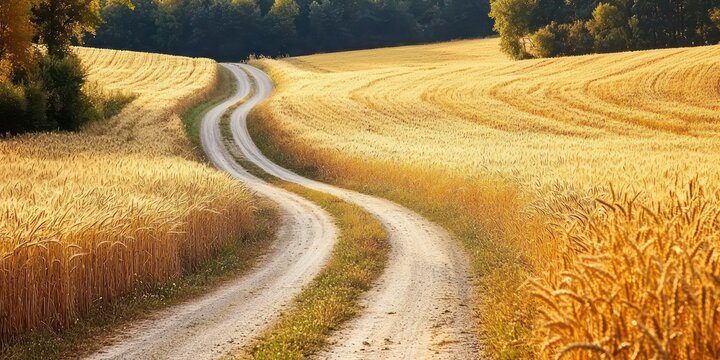 A country road winding through golden wheat fields