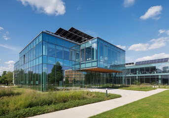 Obraz premium Glass office building showcasing modern architecture with solar panels on the roof, reflecting a commitment to sustainable and eco friendly practices