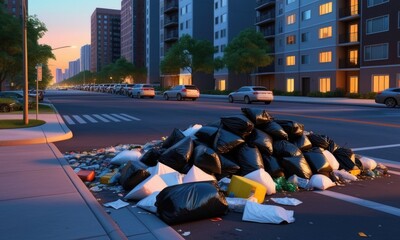 Obraz premium Urban evening trash impact on apartment area streets during dusk