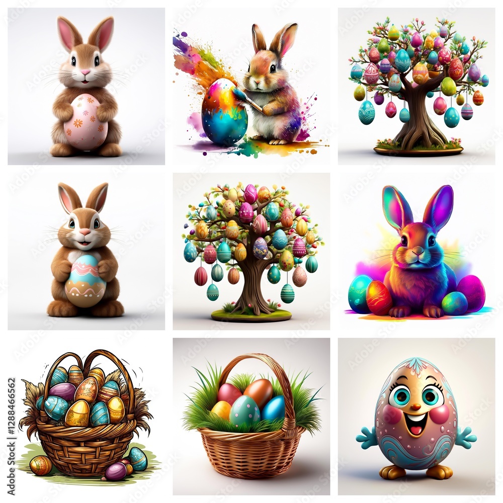 Aufkleber collage of nine easter themed images featuring bunnies with eggs, trees adorned with eggs, baskets o