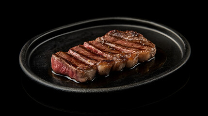 Obraz premium Perfectly Seared Steak on a Cast Iron Skillet Close up of a juicy tender steak with a delicious caramelized crust fresh off the grill or pan and ready to be served as a mouthwatering main course