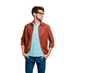 Portrait of his he nice attractive calm successful content brown-haired guy looking aside holding hands in pockets isolated over beige color pastel background