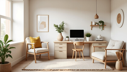 Fototapeta premium Modern minimalist home office with natural light and neutral decor.