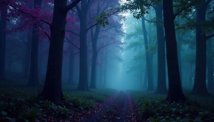 Obraz premium A dark forest shrouded in purple and green mist, dark woods, mysterious, misty
