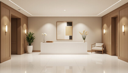 Fototapeta premium Modern minimalist reception area with neutral tones and elegant decor.