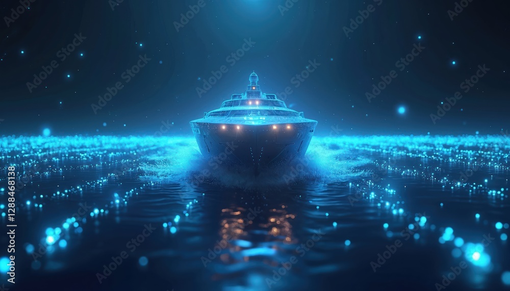 Poster futuristic digital ship sails in virtual reality sea. cyber ship glides on glowing waves at night. t