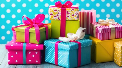 Obraz premium abstract-art-style, Handmade gift boxes over polka dots background ,space for text,