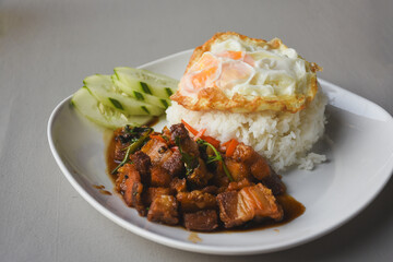 Crispy pork basil rice with fried egg