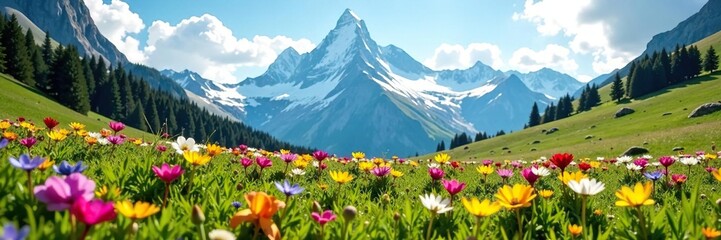 Obraz premium A field of colorful wildflowers blooms beneath the majestic grandeur of Mont Blanc, wildflowers, alpine meadow