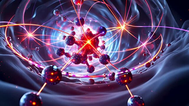 3D illustration of an atom with glowing energy and swirling electrons in a deep space background
