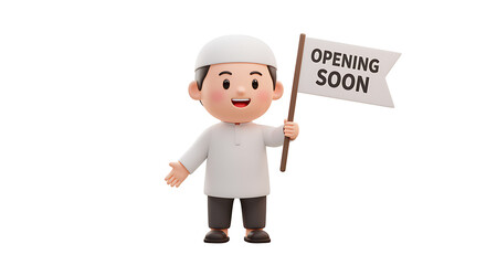 Cute Muslim Boy Announcing Opening Soon with Flag 3D Cartoon Style