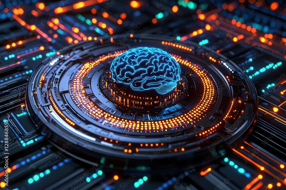 Poster Glowing brain hologram rotating on futuristic circuit board