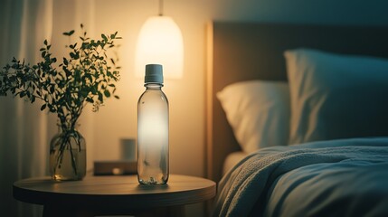 A cozy bedroom scene featuring a water bottle on a bedside table, illuminated by soft light, with a vase of flowers and a comfortable bed in the background.