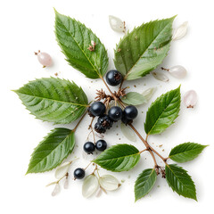 Elderberry berries and leaves isolated on white background